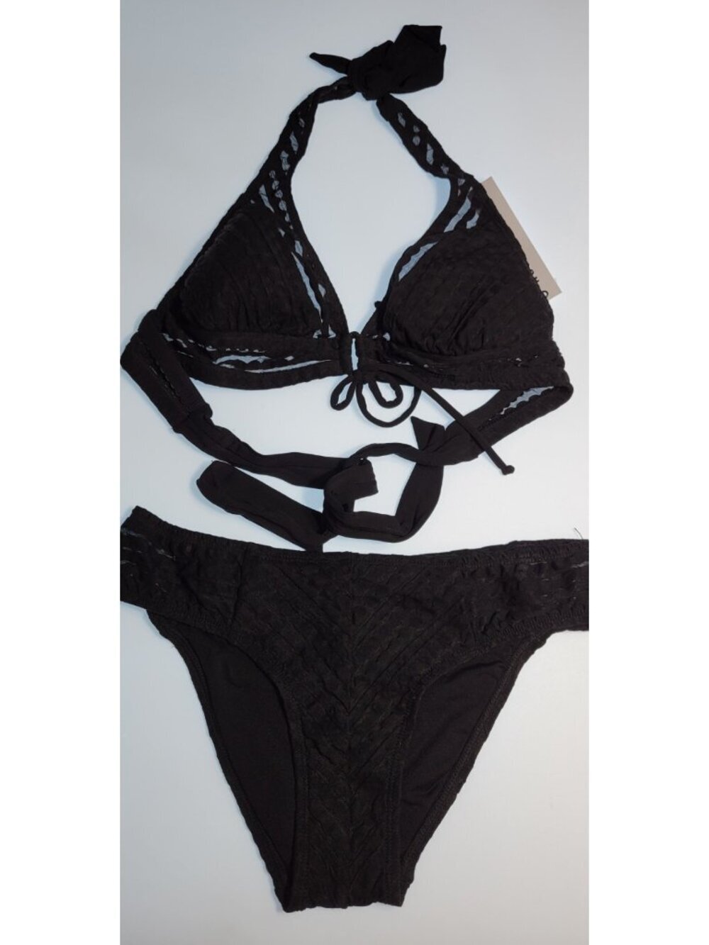 Robin Piccone Swim Sz M Bikini Swimsuit Mesh Triangle Top and Bottom  Black 07